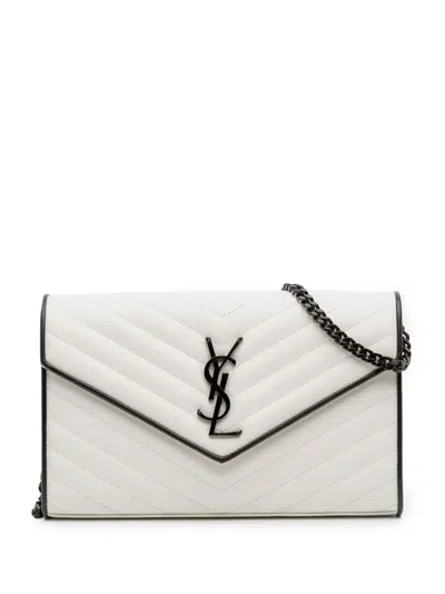 Pre-owned Saint Laurent 2017 Grain De Poudre Matelasse Chevron Monogram Chain Wallet Crossbody Bag In White