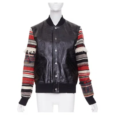 Pre-owned Saint Laurent 2017 Heaven Ethnic Embroidered Sleeves Calf Leather Bomber Fr38 M In Black