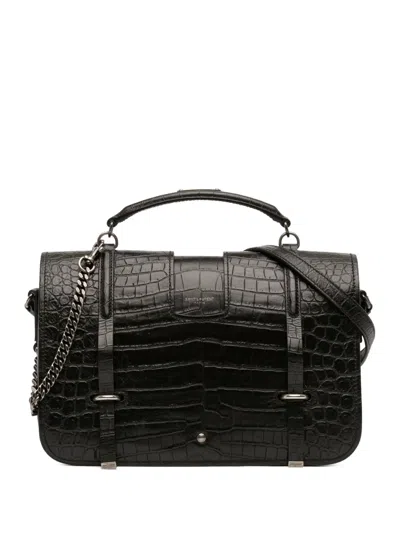 Pre-owned Saint Laurent 2017 Large Croc Embossed Leather Charlotte Flap Satchel In Black