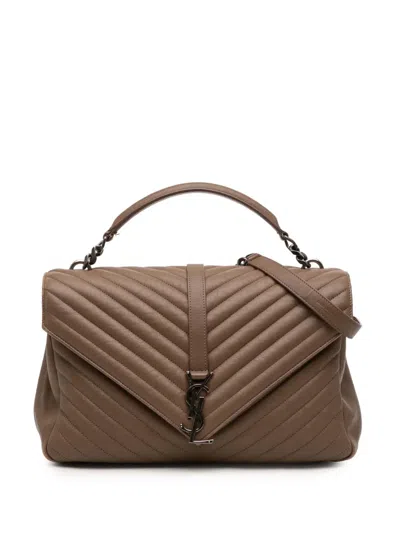 Pre-owned Saint Laurent 2017 Large Quilted Chevron Sheepskin College Satchel In Brown