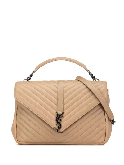 Pre-owned Saint Laurent 2017 Large Sheepskin Chevron Monogram College Satchel In Brown