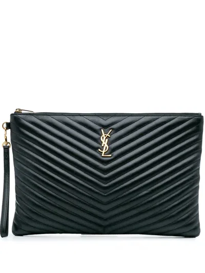 Pre-owned Saint Laurent 2017 Leather Chevron Monogram Document Holder Clutch Bag