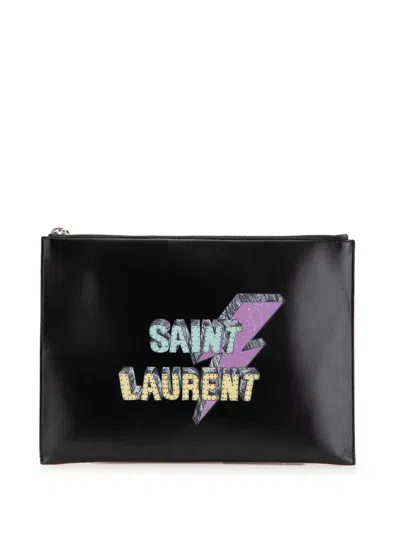 Pre-owned Saint Laurent 2017 Leather Lighting Bolt Tablet Pouch Clutch Bag