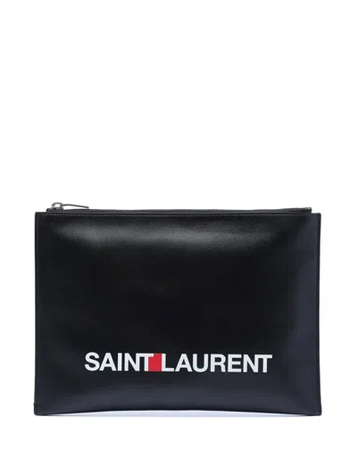 Pre-owned Saint Laurent 2017 Leather Logo Clutch Bag In Black