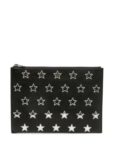 Pre-owned Saint Laurent 2017 Leather Star Rider Tablet Pouch Clutch Bag In Black