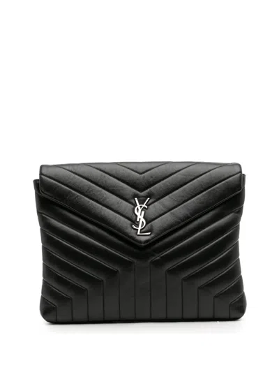Pre-owned Saint Laurent 2017 Matelasse Calfskin Monogram Loulou Document Clutch Bag In Black