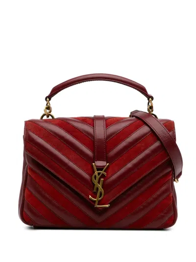 Pre-owned Saint Laurent 2017 Medium Calfskin And Suede Chevron Monogram College Satchel