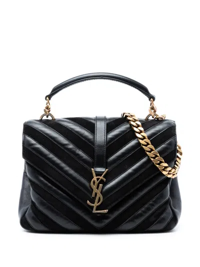 Pre-owned Saint Laurent 2017 Medium Calfskin And Suede Chevron Monogram College Satchel In Black