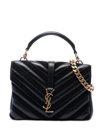 Pre-owned Saint Laurent 2017 Medium Calfskin And Suede Chevron Monogram College Satchel In Black