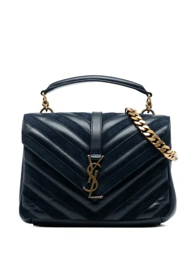 Pre-owned Saint Laurent 2017 Medium Calfskin And Suede Chevron Monogram College Satchel In Blue