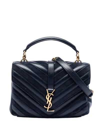 Pre-owned Saint Laurent 2017 Medium Calfskin And Suede Chevron Monogram College Satchel In Blue