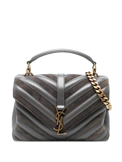 Pre-owned Saint Laurent 2017 Medium Calfskin And Suede Chevron Monogram College Satchel In Gray