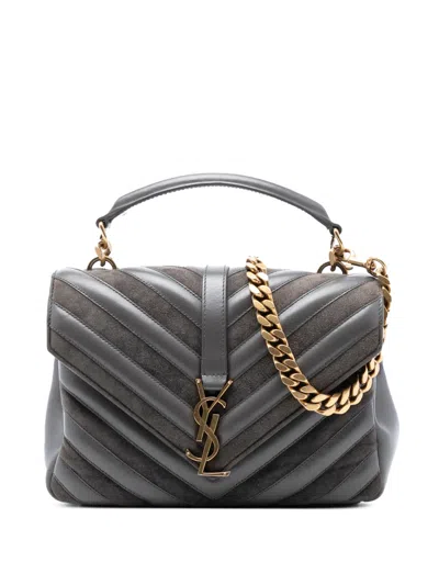 Pre-owned Saint Laurent 2017 Medium Calfskin And Suede Chevron Monogram College Satchel In Gray
