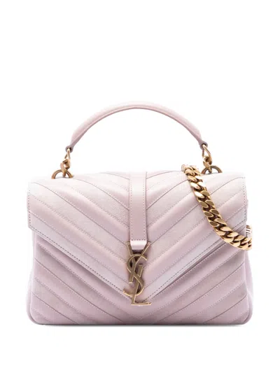 Pre-owned Saint Laurent 2017 Medium Calfskin And Suede Chevron Monogram College Satchel In Pink