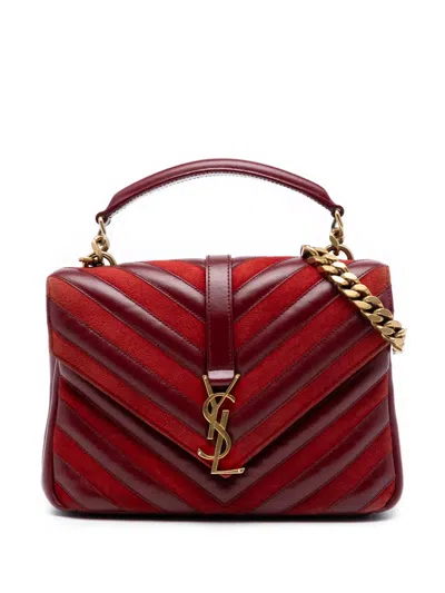 Pre-owned Saint Laurent 2017 Medium Calfskin And Suede Chevron Monogram College Satchel In Red
