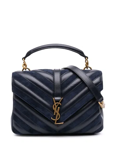 Pre-owned Saint Laurent 2017 Medium Chevron Calfskin And Suede Monogram College Bag Satchel In Blue