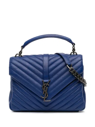 Pre-owned Saint Laurent 2017 Medium Chevron Sheepskin Monogram College Satchel In Blue