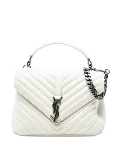 Pre-owned Saint Laurent 2017 Medium Chevron Sheepskin Monogram College Satchel In White