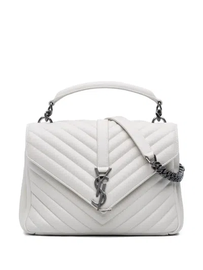 Pre-owned Saint Laurent 2017 Medium Chevron Sheepskin Monogram College Satchel In White