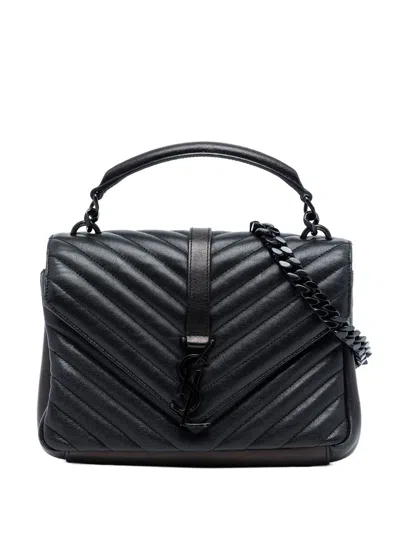 Pre-owned Saint Laurent 2017 Medium Chevron Sheepskin Monogram Monochrome College Bag Satchel In Black