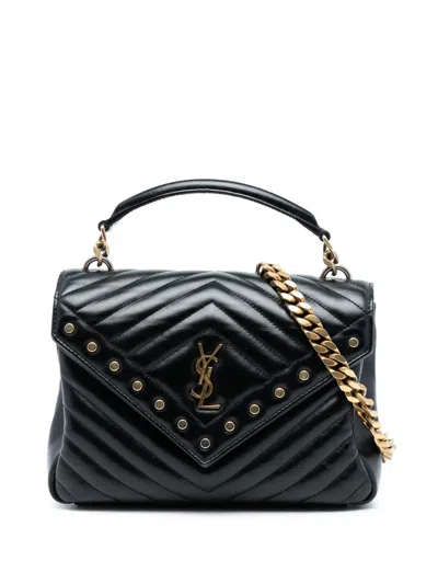 Pre-owned Saint Laurent 2017 Medium Chevron Studded Calfskin Monogram College Satchel In Black