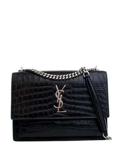 Pre-owned Saint Laurent 2017 Medium Croc Embossed Calfskin Sunset Flap Crossbody Bag