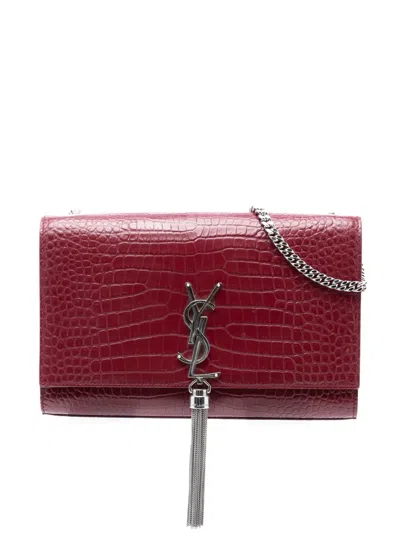 Pre-owned Saint Laurent 2017 Medium Croc Embossed Leather Monogram Kate Tassel Crossbody Bag In Red