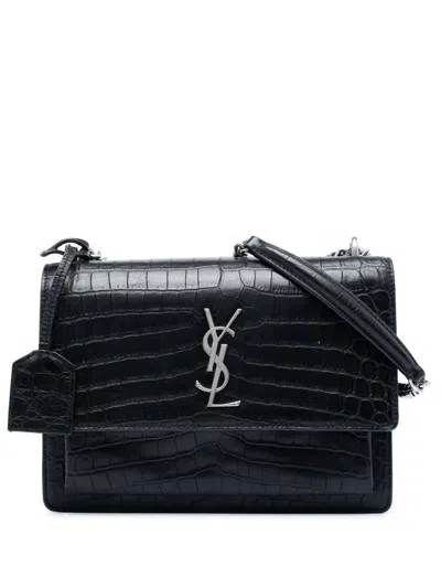 Pre-owned Saint Laurent 2017 Medium Croc Embossed Leather Monogram Sunset Crossbody Bag In Black