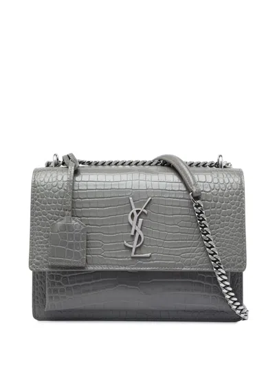 Pre-owned Saint Laurent 2017 Medium Croc Embossed Leather Monogram Sunset Crossbody Bag In Grey