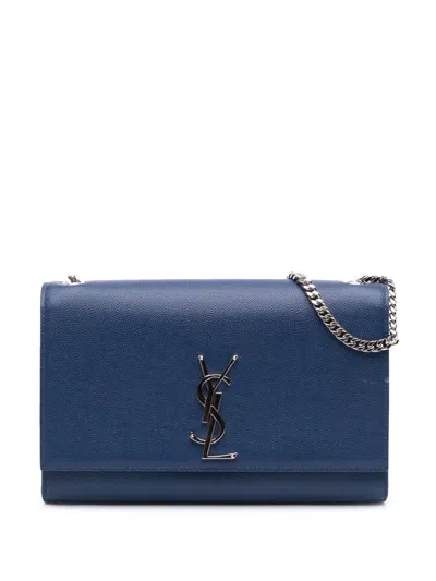 Pre-owned Saint Laurent 2017 Medium Grain De Poudre Monogram Kate Crossbody Bag In Blue