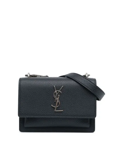 Pre-owned Saint Laurent 2017 Medium Grained Calfskin Monogram Sunset Crossbody Bag In Blue