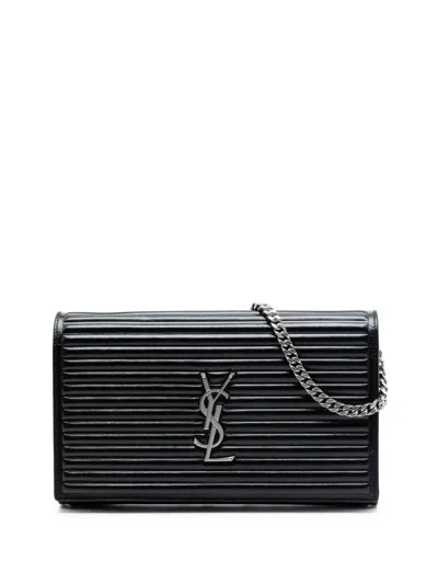 Pre-owned Saint Laurent 2017 Medium Horizontal Quilted Calfskin Monogram Kate Crossbody Bag In Black