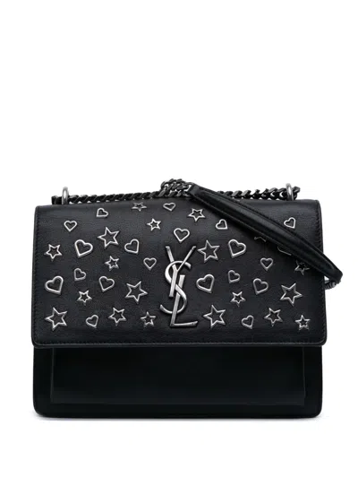 Pre-owned Saint Laurent 2017 Medium Leather Monogram Stars And Hearts Sunset Crossbody Bag In Black