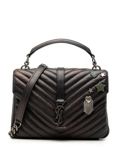 Pre-owned Saint Laurent 2017 Medium Metallic Chevron Sheepskin Monogram College Pins Satchel In Black