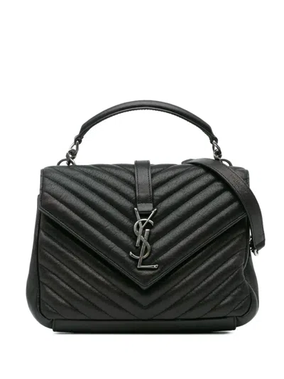 Pre-owned Saint Laurent 2017 Medium Monogram Chevron Sheepskin College Bag Satchel In Black