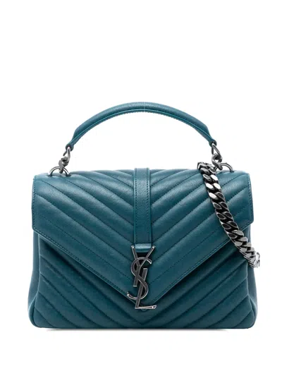 Pre-owned Saint Laurent 2017 Medium Quilted Chevron Sheepskin College Satchel In Blue