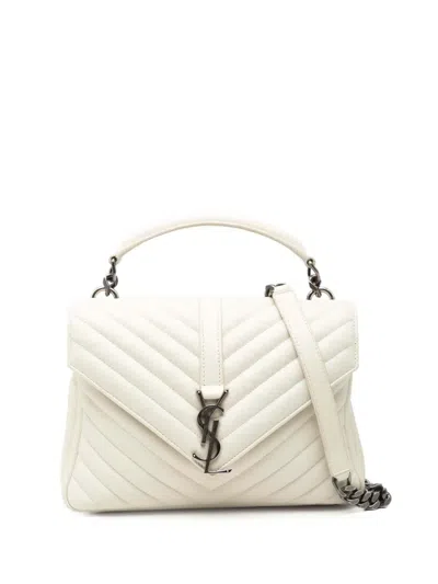 Pre-owned Saint Laurent 2017 Medium Quilted Chevron Sheepskin College Satchel In White