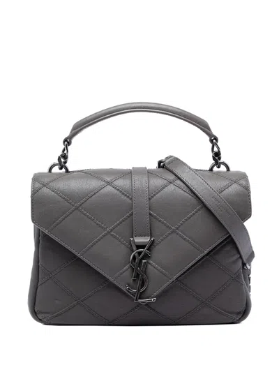 Pre-owned Saint Laurent 2017 Medium Quilted Diamond Calfskin Monogram College Satchel In Gray