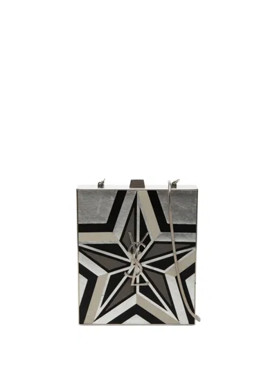 Pre-owned Saint Laurent 2017 Metal And Leather Tuxedo Box Star Clutch On Chain Crossbody Bag In Silver