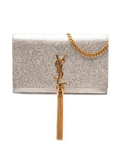 Pre-owned Saint Laurent 2017 Metallic Calfskin Monogram Kate Tassel Wallet On Chain Crossbody Bag In Gold