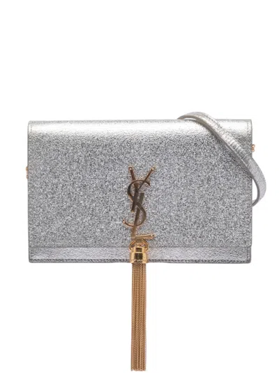 Pre-owned Saint Laurent 2017 Metallic Calfskin Monogram Kate Tassel Wallet On Chain Crossbody Bag In Silver