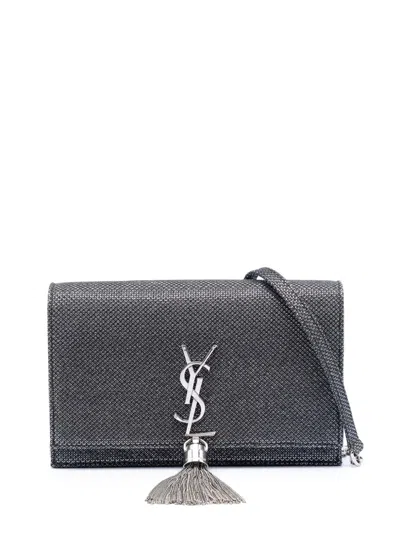 Pre-owned Saint Laurent 2017 Metallic Mesh Monogram Tassel Kate Wallet On Chain Crossbody Bag In Silver