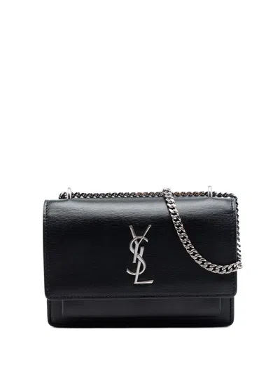 Pre-owned Saint Laurent 2017 Mini Calfskin Monogram Sunset Wallet On Chain Crossbody Bag In Black