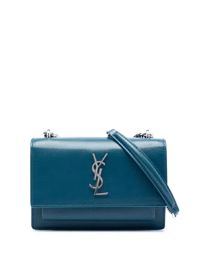 Pre-owned Saint Laurent 2017 Mini Calfskin Monogram Sunset Wallet On Chain Crossbody Bag In Blue