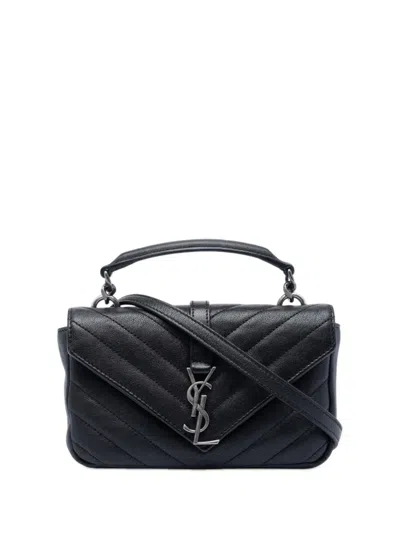 Pre-owned Saint Laurent 2017 Mini Chevron Sheepskin Monogram College Satchel In Black
