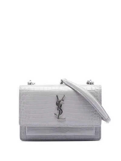 Pre-owned Saint Laurent 2017 Mini Croc Embossed Leather Monogram Sunset Wallet On Chain Crossbody Bag In Gray