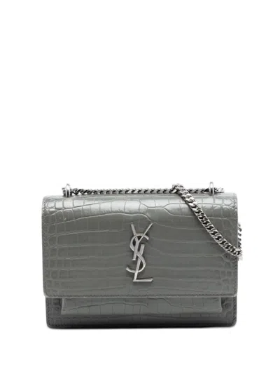 Pre-owned Saint Laurent 2017 Mini Croc Embossed Leather Monogram Sunset Wallet On Chain Crossbody Bag In Gray