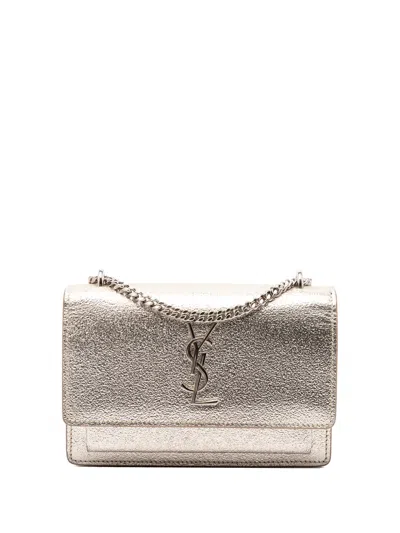 Pre-owned Saint Laurent 2017 Mini Metallic Calfskin Monogram Sunset Wallet On Chain Crossbody Bag In Gold