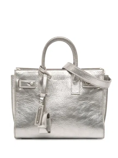 Pre-owned Saint Laurent 2017 Nano Metallic Crinkled Calfskin Supple Sac De Jour Satchel In Silver