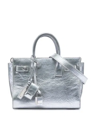 Pre-owned Saint Laurent 2017 Nano Metallic Crinkled Calfskin Supple Sac De Jour Satchel In Silver